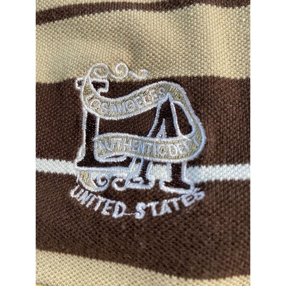 Lada Mens Brown and Tan Striped Short Sleeve Collared Henley Sport Shirt Size L - Picture 9 of 9